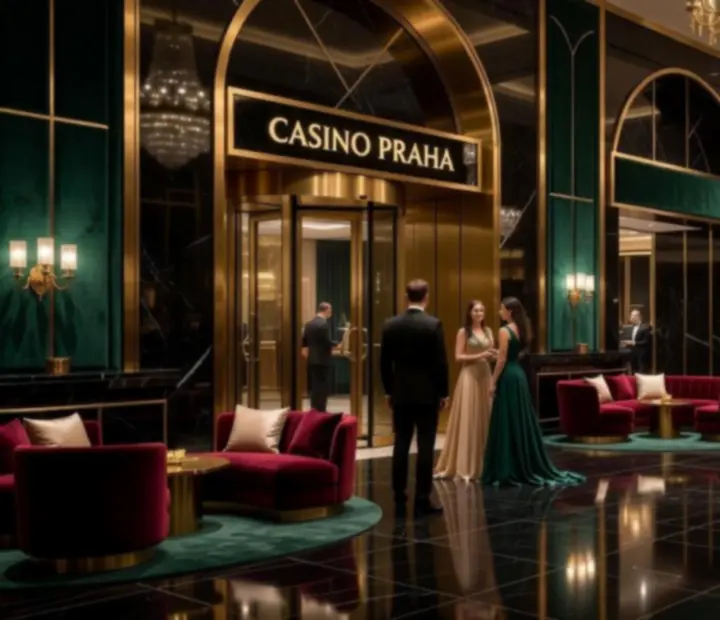 Luxusní lobby kasina Play Dorica s elegantním osvětlením a herními stoly.