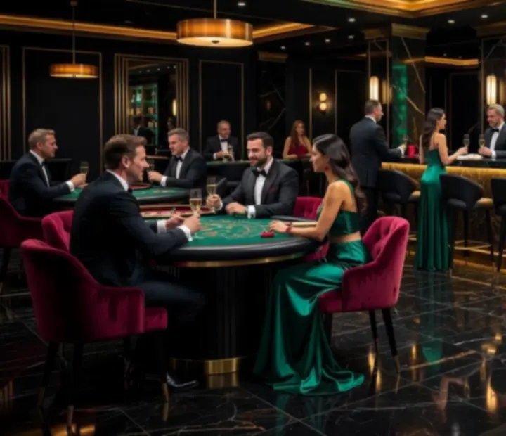 Luxusní kasino s dramatickým osvětlením a hosty v elegantním prostředí