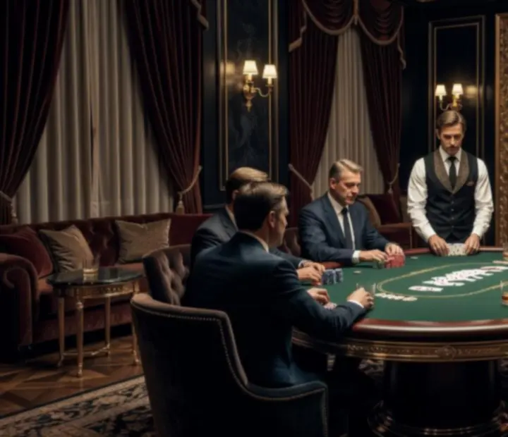 Pokerový stůl s profesionálním krupiérem a hráči v luxusním poker roomu