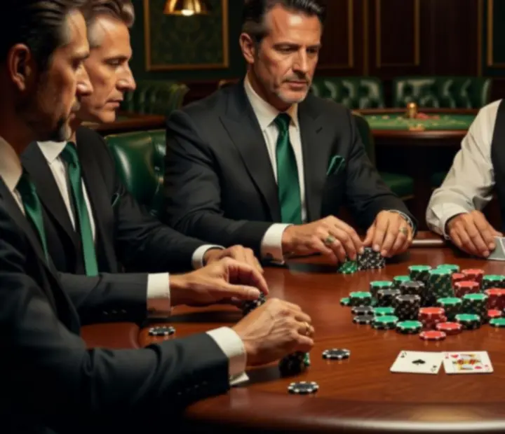 Pokerový stůl během napínavé cash game s dealerem a hráči