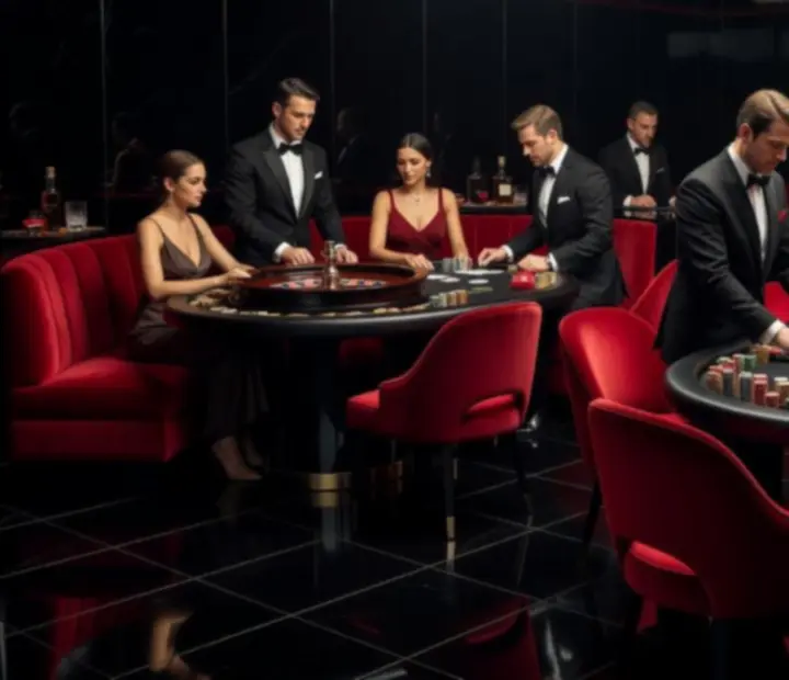Moderní ruletové a blackjack stoly v noční kasinové atmosféře